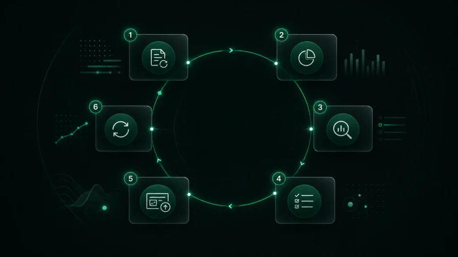 Six-step weekly AEO measurement operating cycle from prompt refresh through share of voice tracking to remeasurement